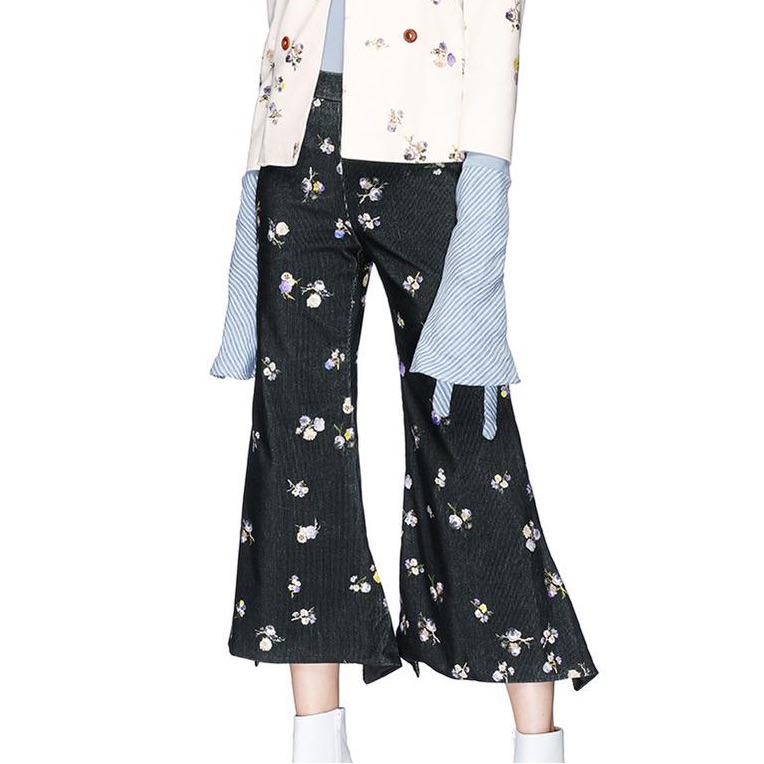 Nwot Acne Studios Floral-Print Cotton-Corduroy Kick-Flare Pants Navy Blue